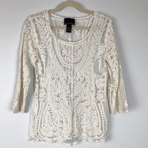Cynthia Rowley Off White Boho Sheer Lace‎ Embroidered Top Sz S